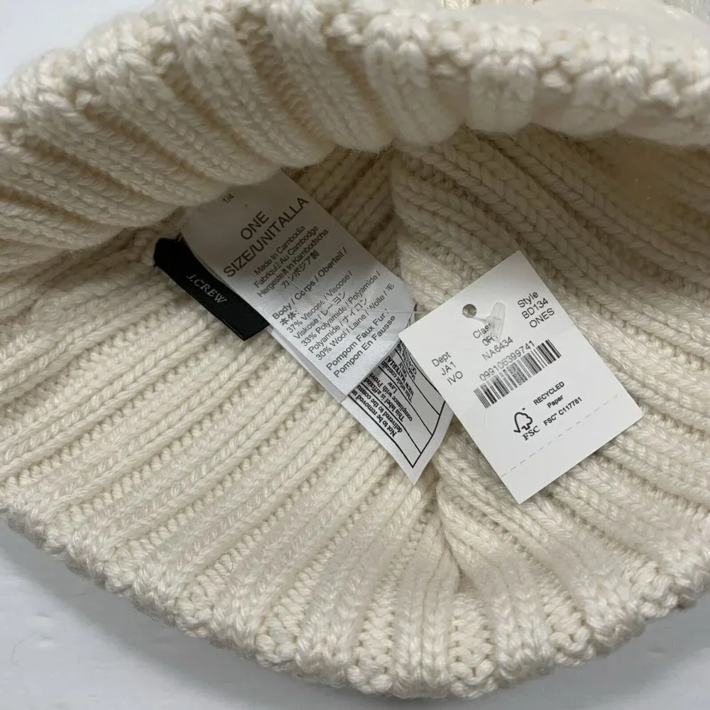NEW J. Crew Ivory Ribbed Pom Pom Beanie Hat